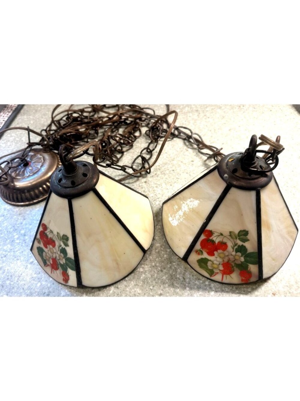 Meyda Tiffany Stained Glass Pendant Lights Strawberry Floral Set Signed 70's Vtg